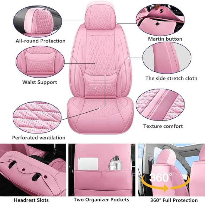 Front Seat Car Seat Covers Custom Fit for Chevrolet/Chevy Malibu 2000-2026 - Premium Faux Leather with Lumbar Support | Breathable, Waterproof, Anti-Slip, Durable (Pink,Front Seat)