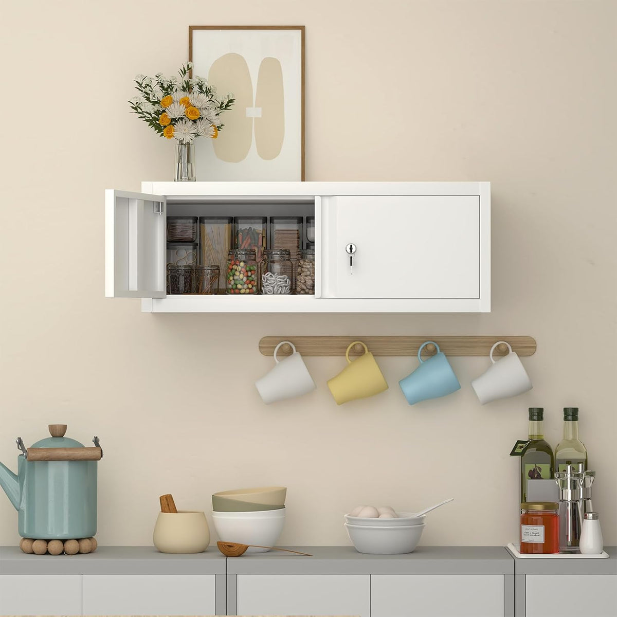 LUCYPAL Metal Storage Cabinet,Garage Wall Mounted Storage Cabinet with Locking Doors,Steel Hanging Cabinets for Home Office,Warehouse,Bathroom,Kitchen,White,12.8''H