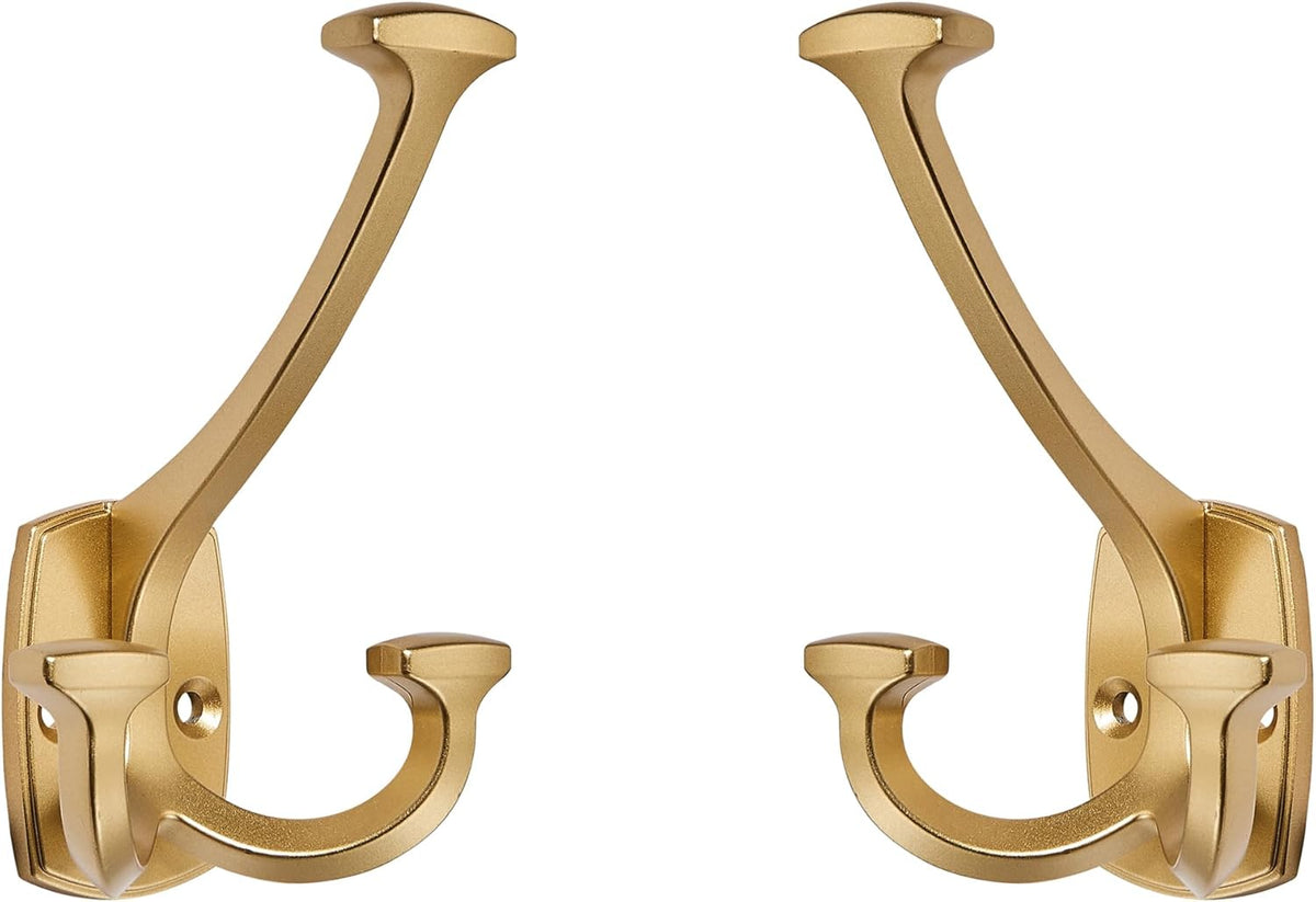 Large Wall Double-Sided Hook 5 Pack Gold Hook Decorative Heavy Duty Solid Large Coat Hooks for Towel Hanging Coats Robe Towel Bags Door Back 2 Prong Hooks