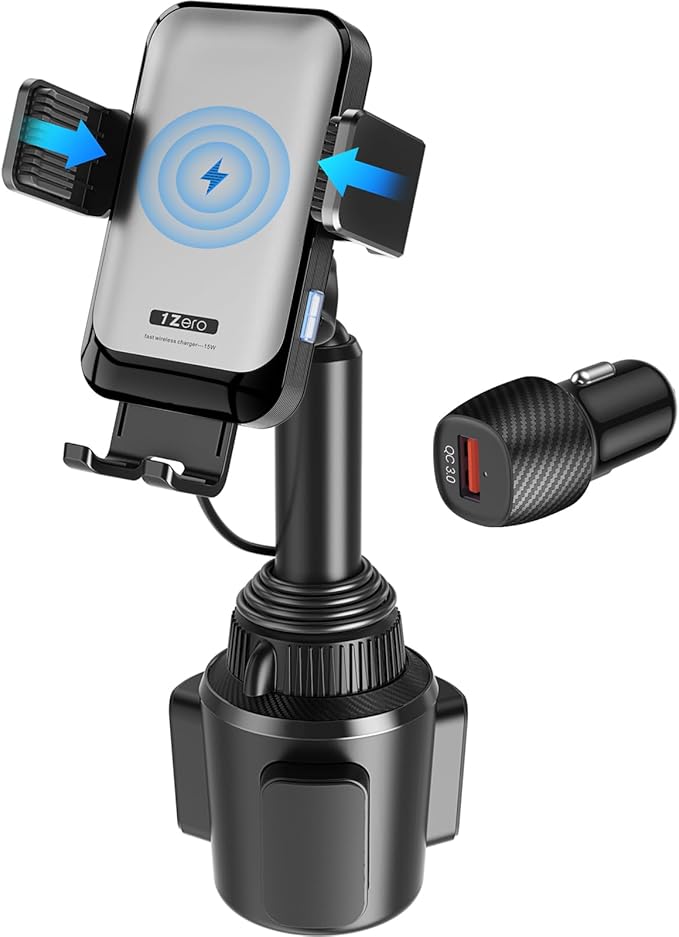 1Zero Auto Clamping Wireless Car Charger Sturdy Cup Phone Holder Mount 15W Fast Charging for iPhone 16 15 Pro Max Plus 14 13 12 11 XS X Samsung S24 Ultra S23 S22 S22 S21 S20 Pixel 8 Pro 7 6 5 4