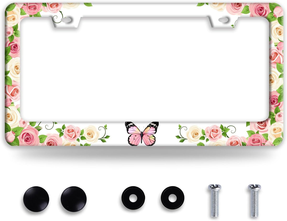 Pink Butterfly License Plate Frame Rose Flowers Floral License Plate Holder Colorful Auto Accessories for Women 6x12 Inch
