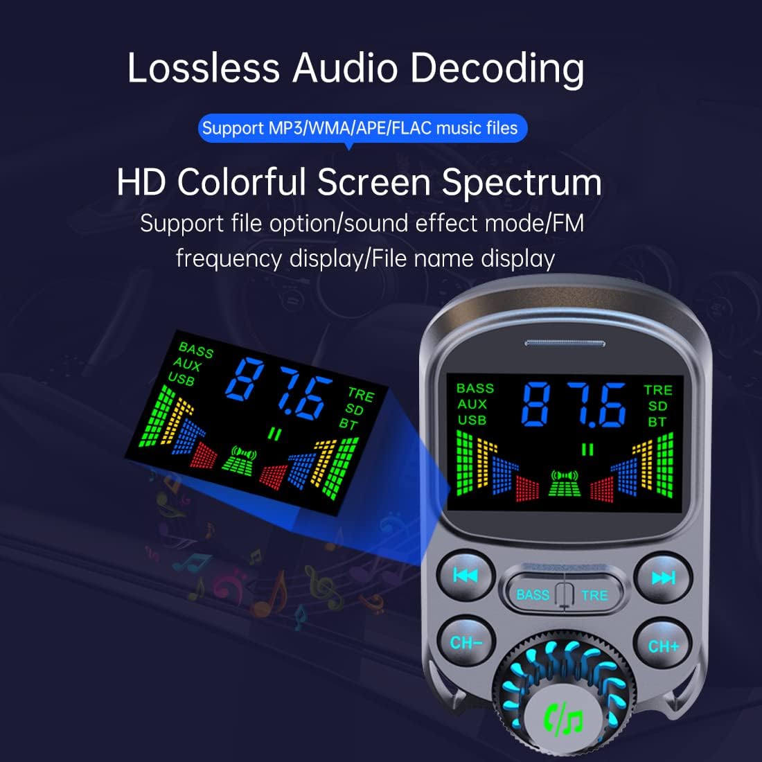 Bluetooth FM Transmitter for Car 1.5" Color Screen Display Wireless Handsfree Radio Transmitter Car Charger Adapter Support TF Card USB Flash Drive 48W PD/ QC3.0 Dual USB Charging (Black)