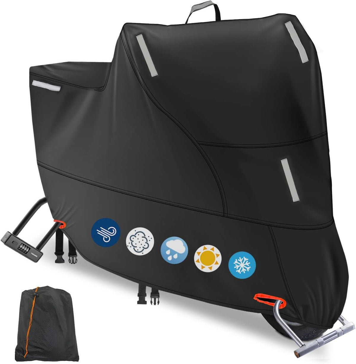 Waterproof Motorcycle Cover Outdoor, Motorbike Scooter Moped Rain Dust Cover with 5 Reflective Strips and 2 Windproof Buckles, 2 Lock-Holes for Cruisers Sportbikes (4XL: 116 x 37 x 55 inch)