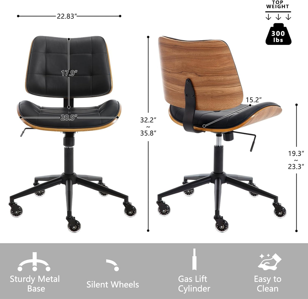 Home Office Desk Chair with Wheels, Adjustable Height Armless Office Chair, PU Leather Mid Back 360° Small Computer Chair, Modern Walnut Chair No Arms for Office, Reading Meeting Room(Black)