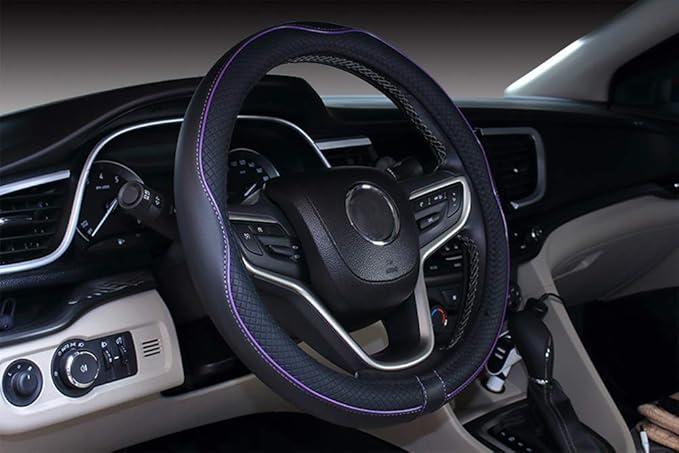 Mayco Bell Universal Standard Size Steering Wheel Cover Anti-Slip,Safety,Soft,Breathable,Durable,Full Surround,Comfortable Grip Microfiber Leather (14.5-15 inch,Black Purple)