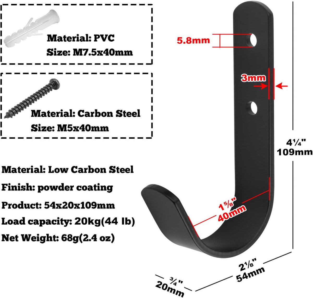 10 Pack Black Steel J Hook, 4-1/4" x 2-1/8" Wall Mount Utility Hook for Hanging Garage Storage