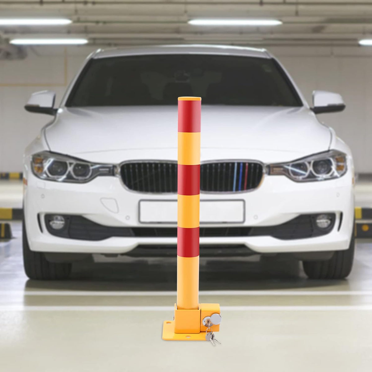 Parking Post and Base With Lock, Parking Barrier Post Parking Blocker Driveway Blocker 23.6 Inch Parking Lock Personal Garage Driveway Barrier Safety Parking Barrier Traffic Pole, Yellow + Red