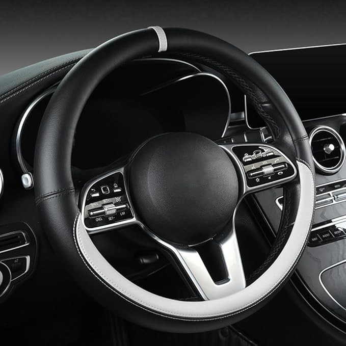 Morandi Color Steering Wheel Cover, Nappa Leather, Fashionable Sporty Style, Universal 15 inches,Black and White
