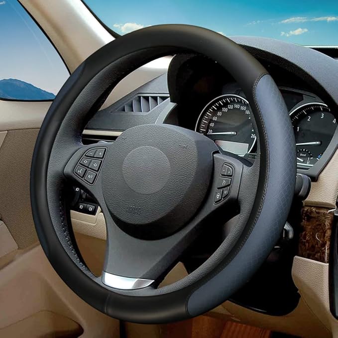 Steering Wheel Cover, Microfiber Leather Splicing with Classic Embossing,Contrasting Colors Anti-Slip Breathable Auto Car Steering Wheel Cover Fit 15 Inch Car Wheel Protector (Black&Blue)