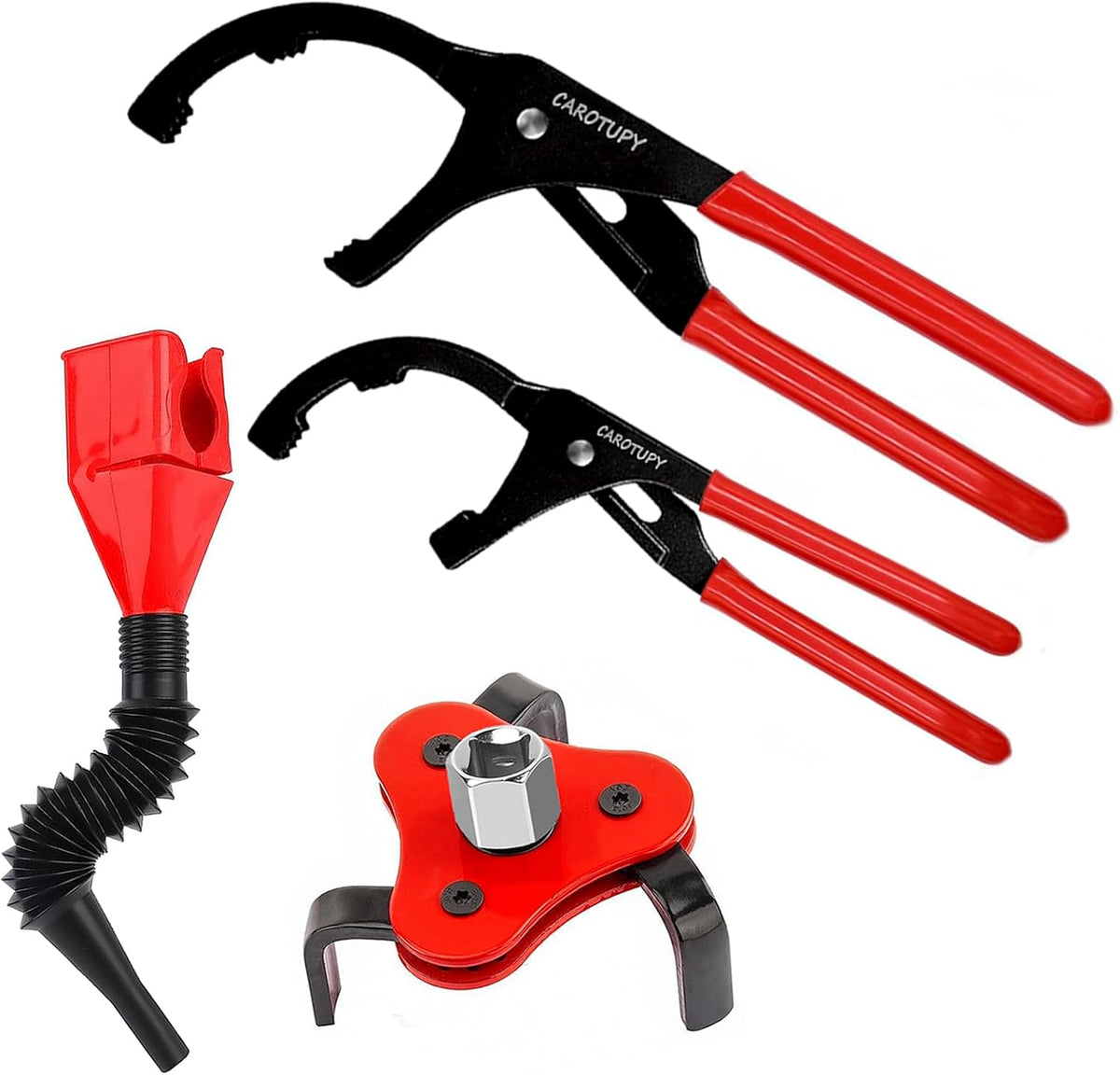 4Pcs Oil Filter Pliers Set, 3 Jaw oil filter Wrench with Flexible Plastic Funnel For Automotive Oil Change, Adjustable Oil Filter Removal Tool From 1-3/4" to 6" (Black)