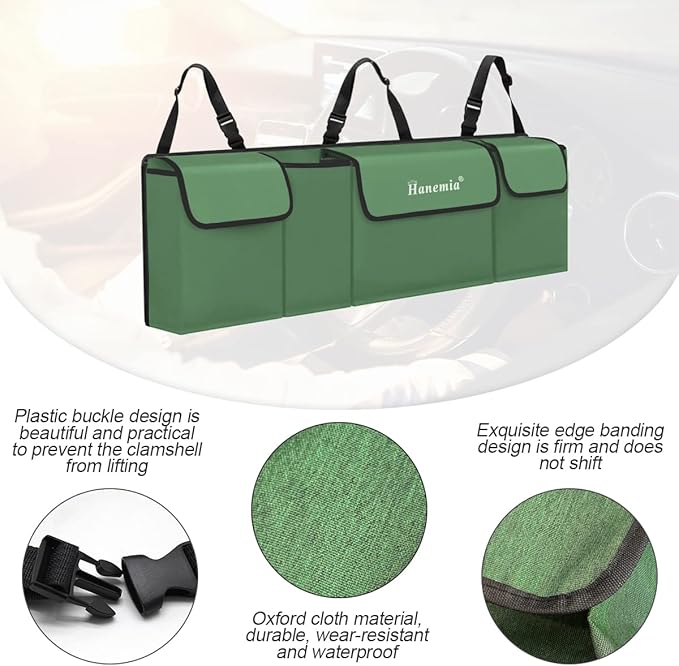 Car Trunk Organizer and Storage, Backseat Hanging Organizer for SUV, Truck, MPV, Waterproof, Collapsible Cargo Storage Bag with 4 Pockets, Car Accessories for Men and Women (Army Green)