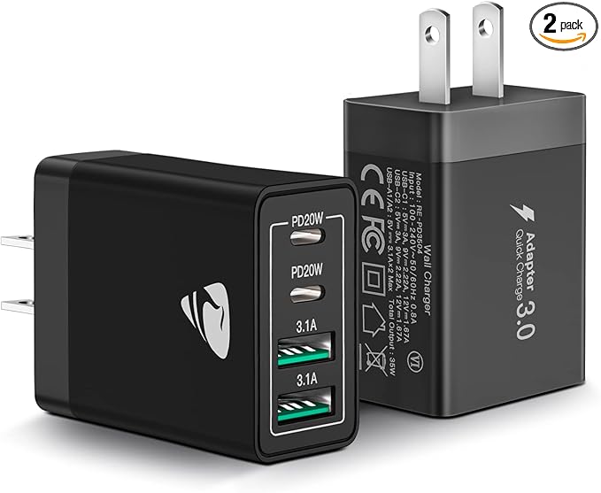 [2-Pack] USB C Wall Charger Block, Aiminu 40W 4-Port Fast Charging Block Dual Port QC+PD Power Brick Multiport Type C Charger Plug Adapter for iPhone 15 14 13 12 11 Pro Max XS XR SE 8 Plus, Samsung