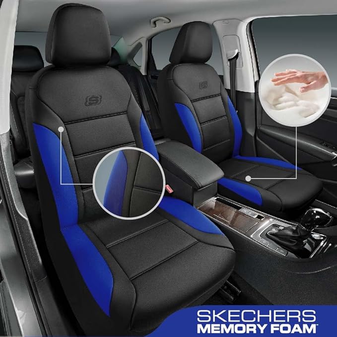 Skechers Memory Foam Car Seat Covers, Lycra Fabric Seat Covers Thick Memory Foam, Car Seat Cover Full Sets, Airbag Compatible, Automotive Comfort Protection for Most Cars, Trucks, SUVs, Blue