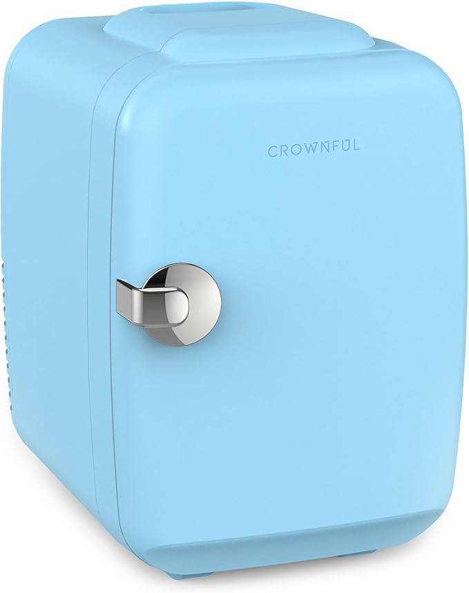 CROWNFUL Mini Fridge, 4 Liter/6 Can Portable Cooler and Warmer Personal Fridge for Skin Care, Cosmetics, Food,Great for Bedroom, Office, Car, Dorm, ETL Listed (Blue)