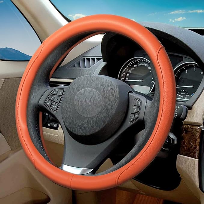 VARGTR Microfiber Leather Steering Wheel Cover with Classic Embossing, Anti-Slip Breathable Auto Car Wheel Protector, Fit 15 Inch (Orange)