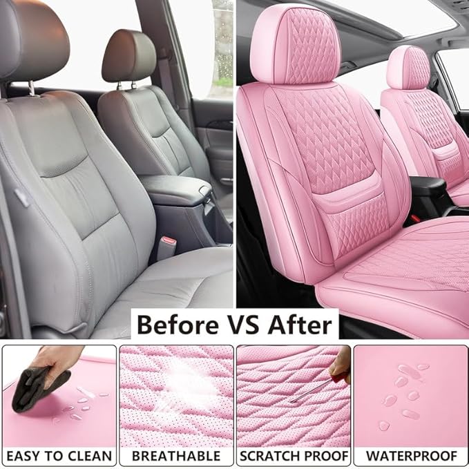 Front Seat Car Seat Covers Custom Fit for Ford Maverick 2022-2026 - Premium Faux Leather with Lumbar Support | Breathable, Waterproof, Anti-Slip, Durable (Pink,Front Seat)