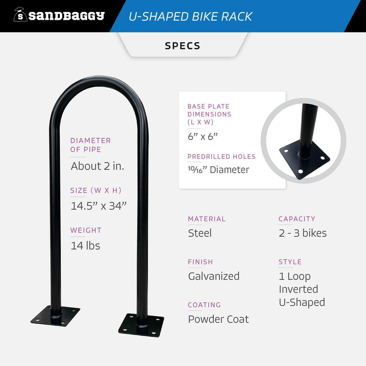 Sandbaggy In Ground Bike Rack | U Shaped, Commercial, Outdoor, 1 Loop, Galvanized Steel | Black, 14.5" x 34" (2)