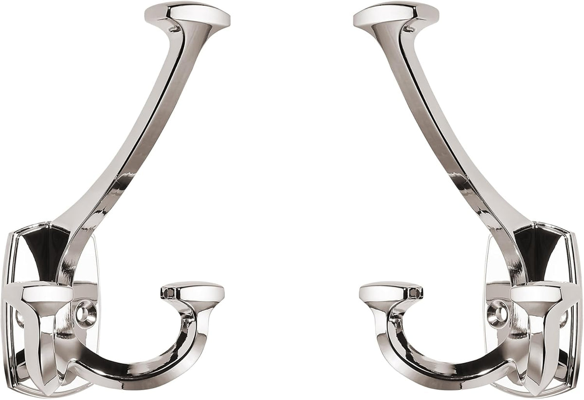 Large Wall Double-Sided Hook 5 Pack Polished Nickel Hook Decorative Heavy Duty Solid Large Coat Hooks for Towel Hanging Coats Robe Towel Bags Door Back 2 Prong Hooks