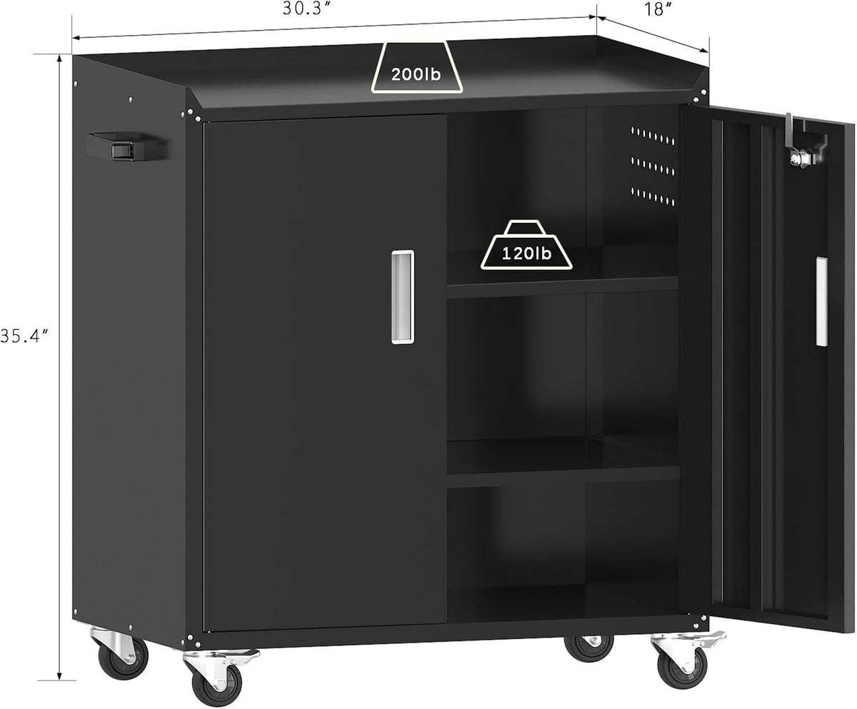 Metal Garage Storage Cabinet with Wheels ，Lockable Rolling Tool Chest on Wheels, Utility Cabinet for Home, Office, Garage and Workshop(Black)