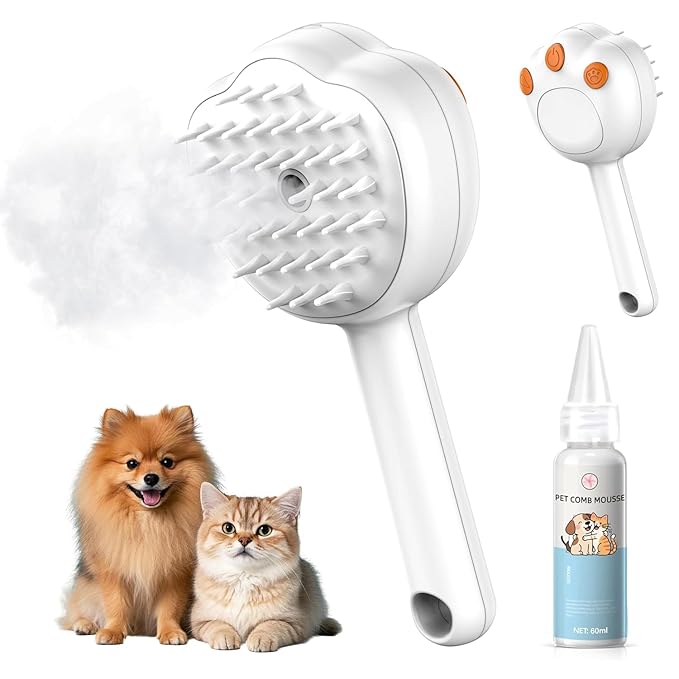 Steam Cat Brush, 6-in-1 Dog Brush Spritz Defur Comb with Pet Waterless Shampoo, Steamy Skin Friendly Deshedding Grooming Tool, Suitable for Shedding & Haired Pets, Pet Supplies Accessories, White