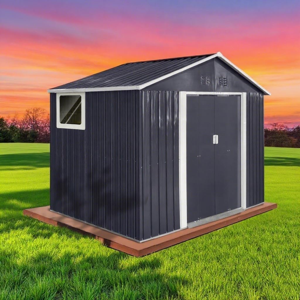 9 x 6.4 Ft Outdoor Storage Shed, Heavy-Duty Metal Shed with Windows & Secure Lockable Doors, Ideal Storage Shed for Outdoor, Patio, Garden, and Backyard, Anthracite