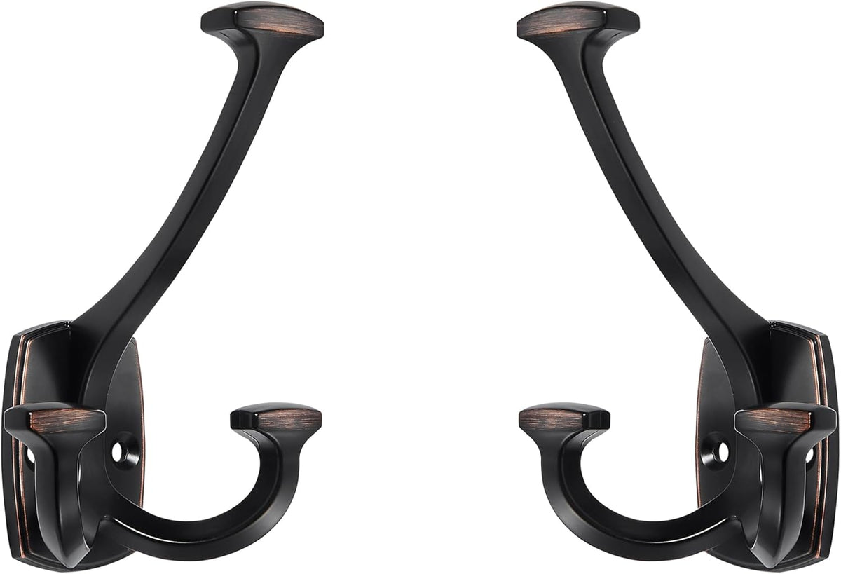 Large Wall Double-Sided Hook 2 Pack Oil Rubbed Bronze Hook Decorative Heavy Duty Solid Large Coat Hooks for Towel Hanging Coats Robe Towel Bags Door Back 2 Prong Hooks