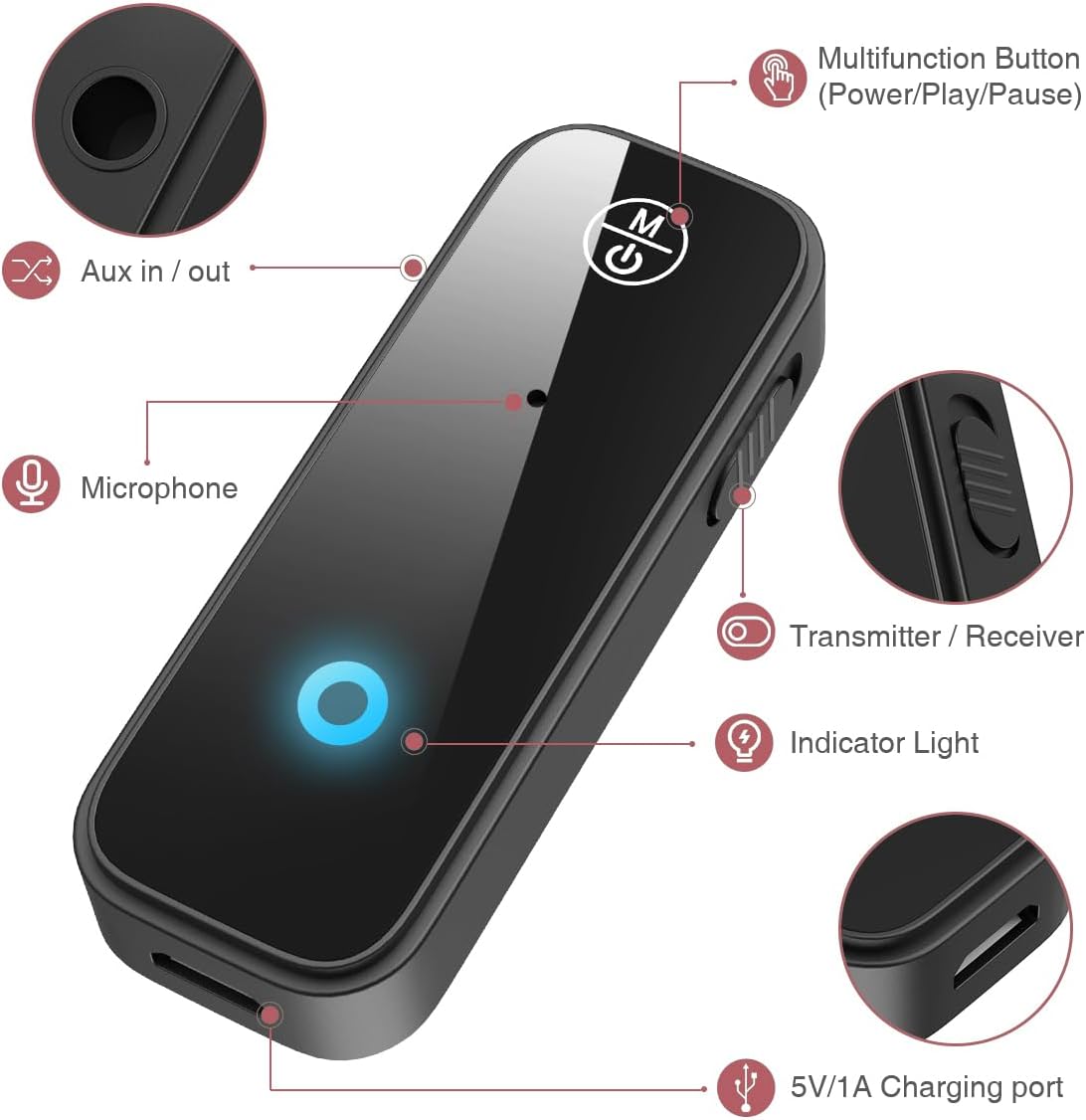 LOFICOPER Bluetooth Transmitter Receiver, Aux Bluetooth 5.0 Adapter for Car, 2 in 1 Wireless 3.5mm Audio Adapter for TV, Speakers, Stereo Systems, Headphones
