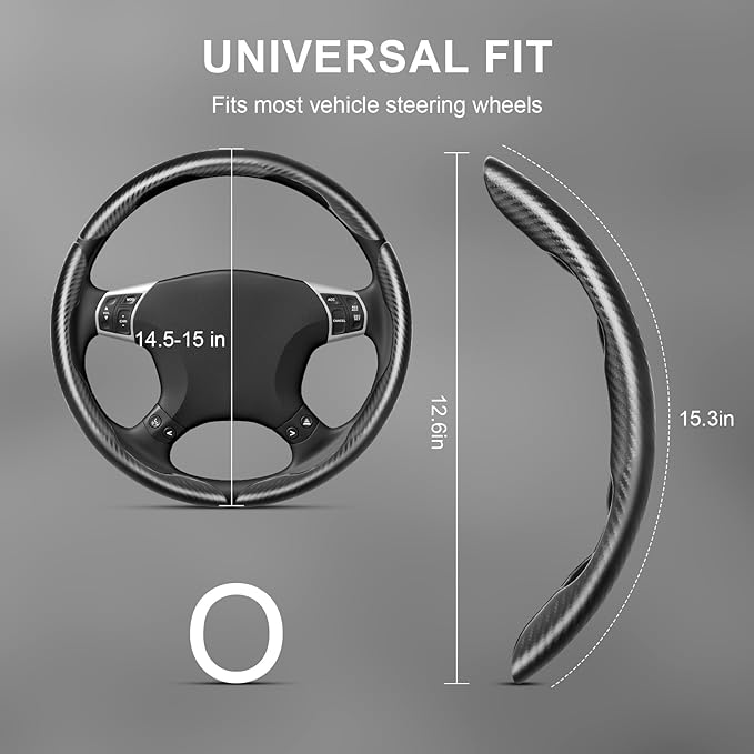 Carbon Fiber Steering Wheel Cover, Universal Fit for 14-16 Inch Wheel, Non-Slip Leather Wrap with Easy Snap-On Installation, Sweatproof & Heat-Resistant for Car Truck SUV, Black