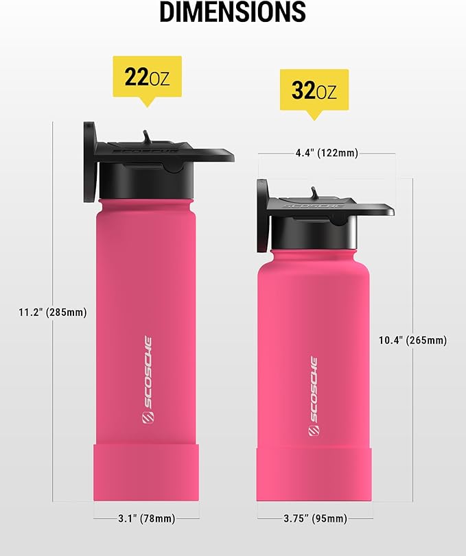 Scosche MFMS32 MagicMount Flask 32 oz Stainless Steel Water Bottle with MagSafe Phone Mount Stand, 12H Hot & 24H Cold, Insulated Flask with Magnetic Phone Holder for Gym, Travel, Sports, 32oz, Pink