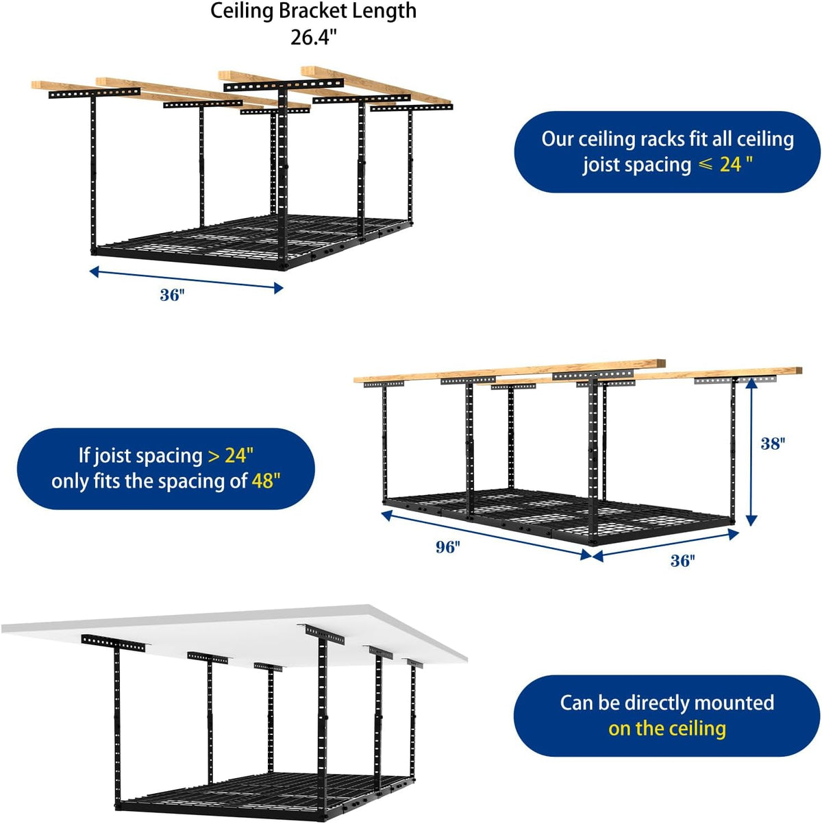 Heavy-Duty 3x8 Overhead Garage Storage Rack with Adjustable Ceiling Shelving with 600lbs Weight Capacity，22 lbs per Hook, Steel Hanging Organizer for Tools, Bins & Bikes Black