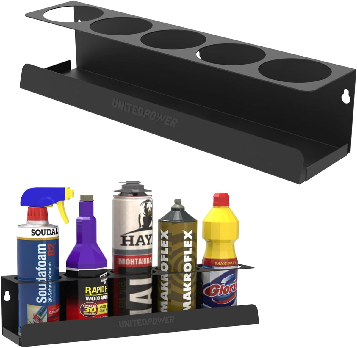 UNITEDPOWER 5 Aerosol Spray Can Holder, Paint Bottle Storage Rack, Steel Wall Mount Shelf, Tool Organizer for Garage, Craft Workspace and Home