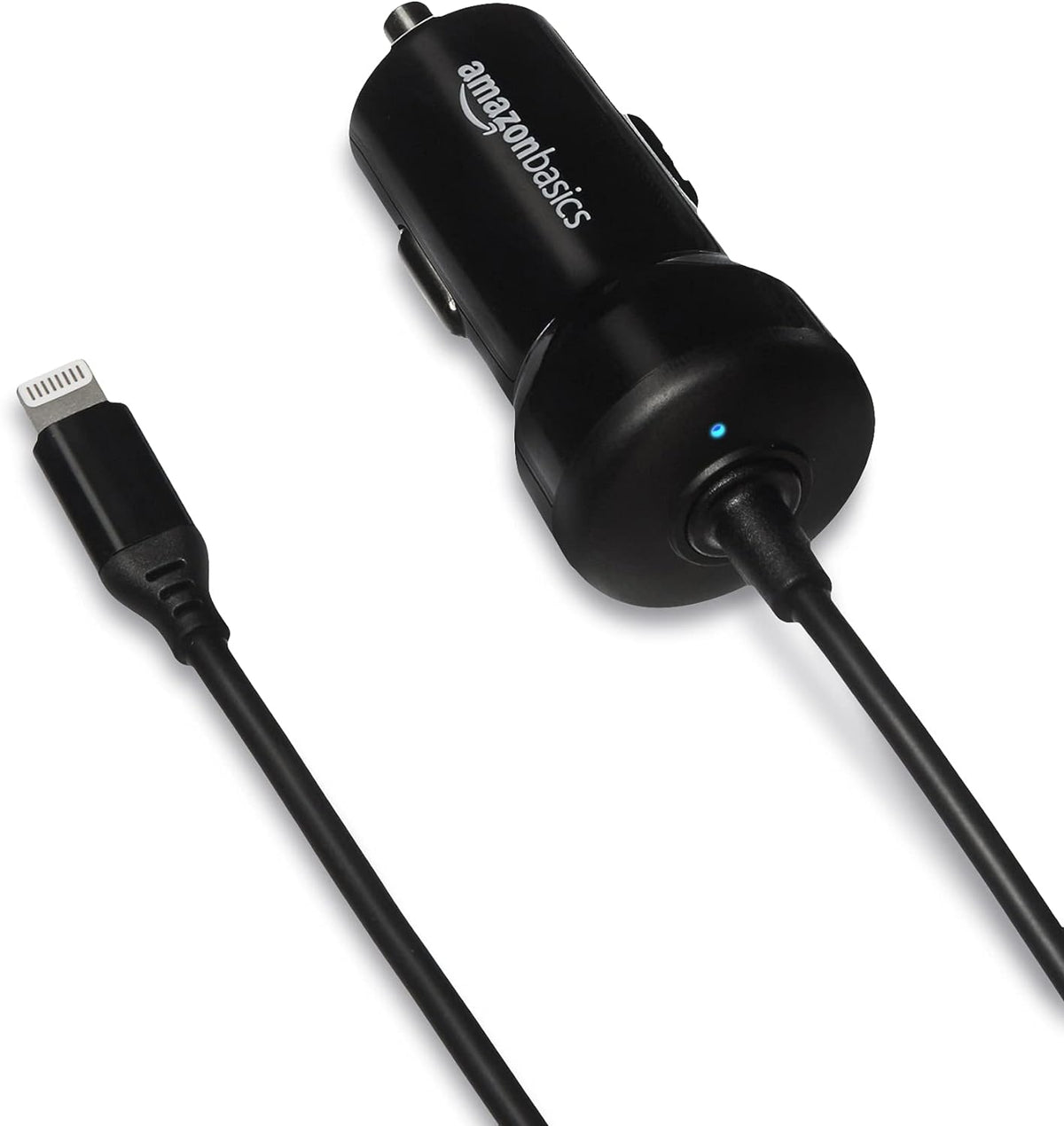 Amazon Basics 12W (5V, 2.4A) Fast Charging Car Charger with Coiled Lightning Cable for iPhone, iPad and Apple Devices, 1.5 ft - Black