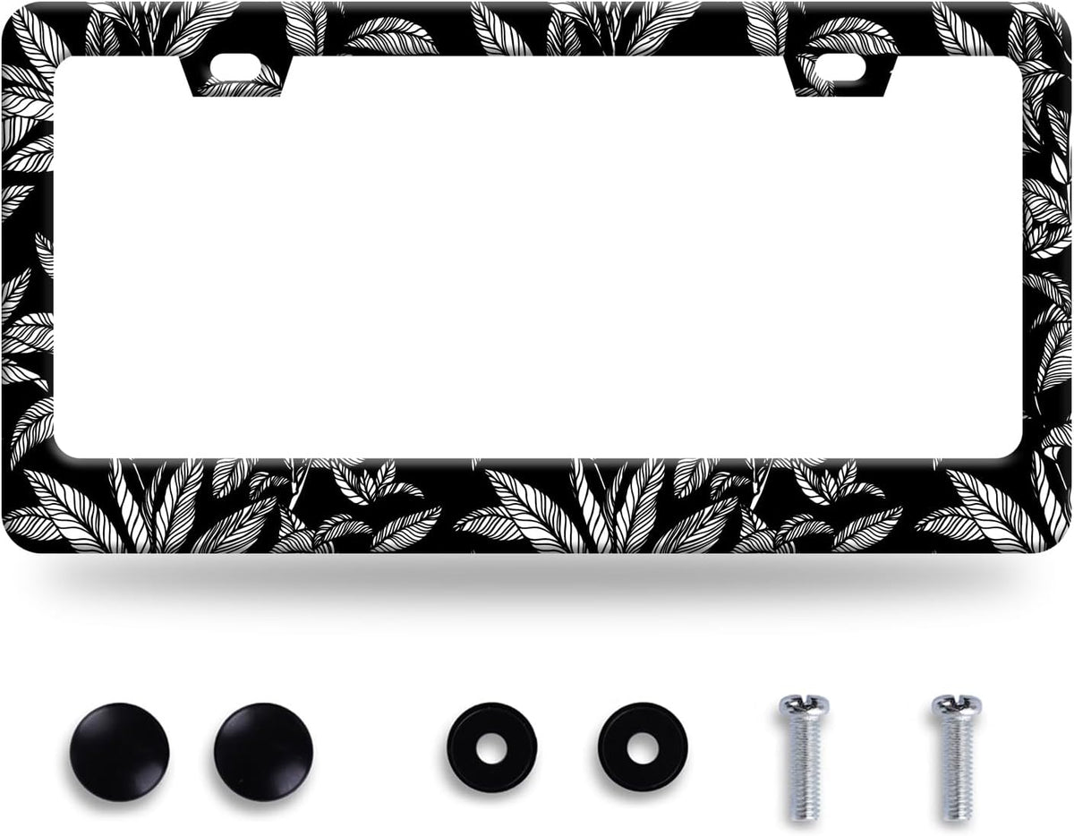 Black White Tropical Leaf License Plate Frame License Plate Stainless Steel Auto Parts License Plate Decorative with Screws Size 12.3" x 6.3" for Men Women