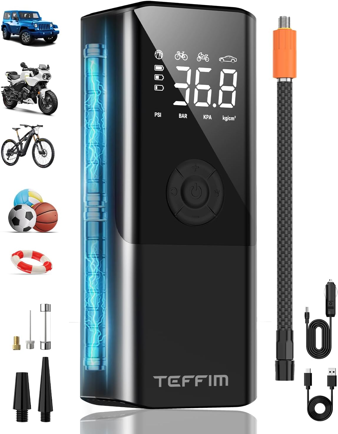 Tire Inflator Portable Air Compressor - 150PSI & 20000mAh Battery, 12V Smart Air Pump for Car Tires, 6X Tire Pump with Pressure Gauge, Auto Shut-off, Motorcycle, SUV, Bike Pump, Bicycle, Balls