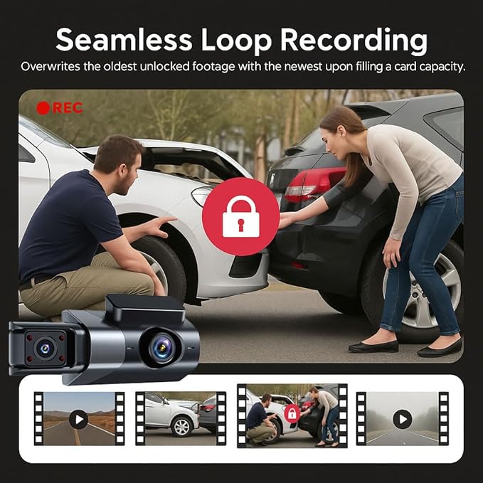 Dash Cam Front and Rear, 1080P Dual Dash Camera, WiFi & App Control, IR Night Vision, 170° Wide Angle, G-Sensor, Parking Mode, 24/7 Loop Recording, 64GB Micro SD Card Included – Black
