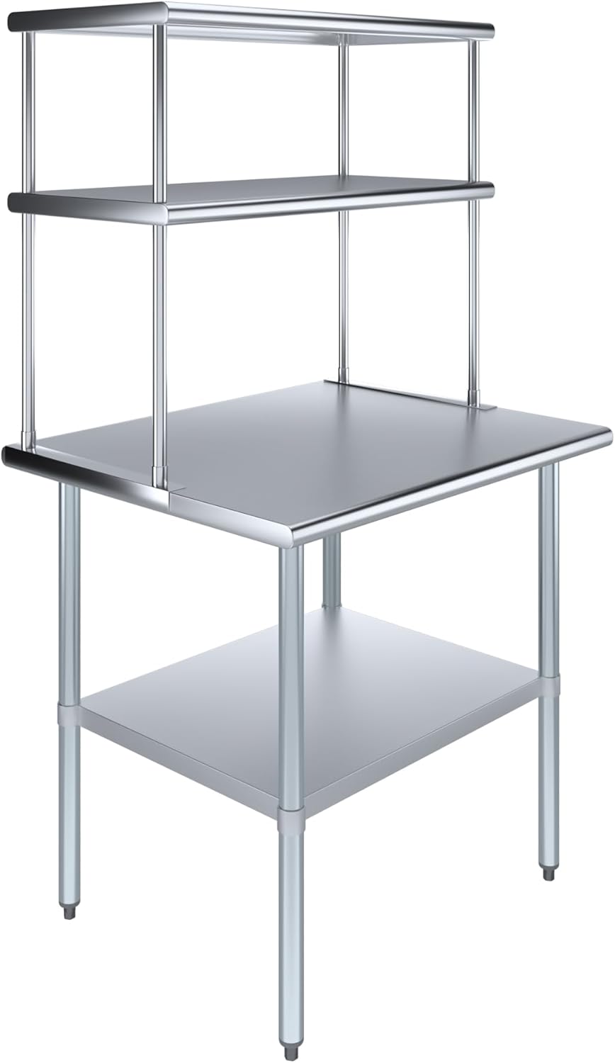 Amgood Stainless Steel Work Table Double Tier Overshelf | Metal Kitchen Prep Table & Shelving Combo (30" x 36" Work Table + 18" Overshelf)