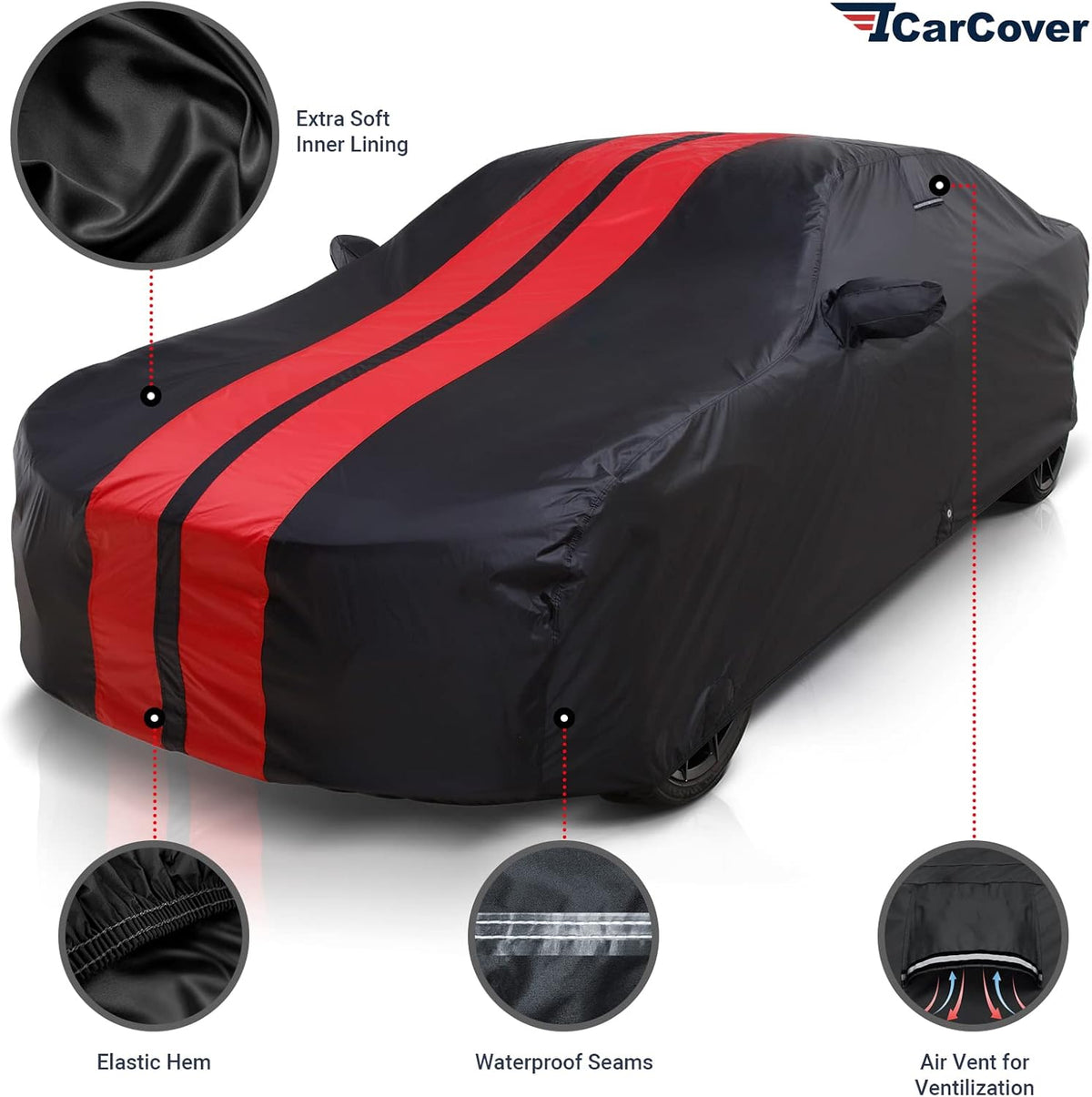 iCarCover Custom Car Cover for 1993-2002 Chevy Camaro STD, Z28, SS Waterproof All Weather Rain Snow UV Sun Protector Full Exterior Indoor Outdoor Car Cover (Stripe - Black/Red)