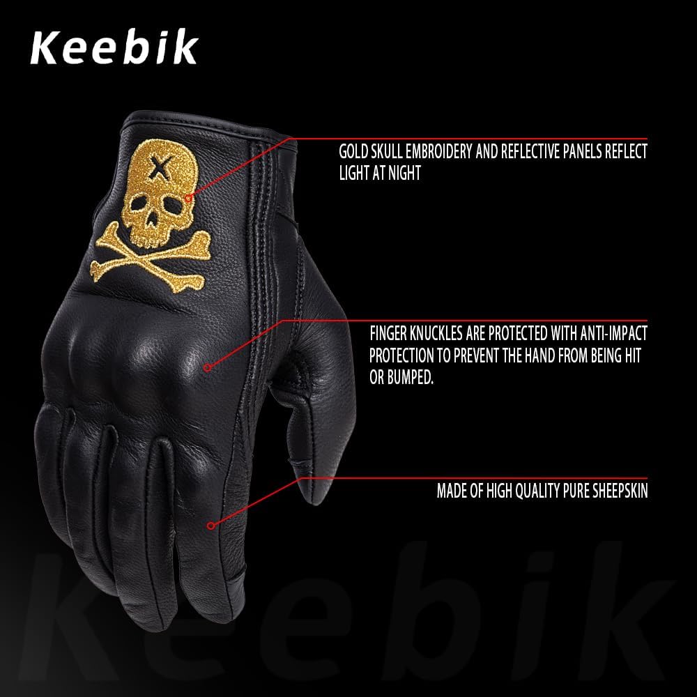 Goatskin Leather Motorcycle Motorbike Powersports Racing Gloves Reflective Skull Touchscreen for Men and Women Model