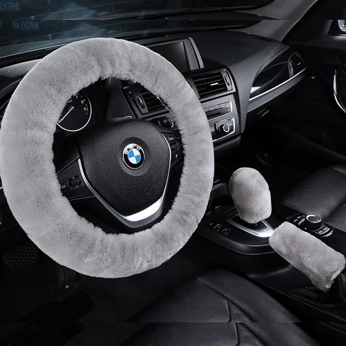 3Pcs/Set Pure Wool Fur Furry Steering Wheel Cover, Soft Fluffy Handbrake Cover Gear Shift Cover for Women Car SUV Truck Australia Sheepskin Accessories