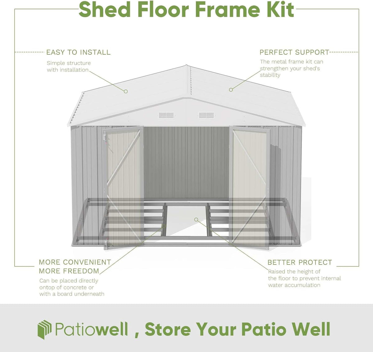 Patiowell 10 x 8 FT Outdoor Storage Shed with Floor Frame, Large Garden Tool Metal Shed with Sloping Roof and Double Lockable Door for Backyard Garden Patio Lawn,Grey