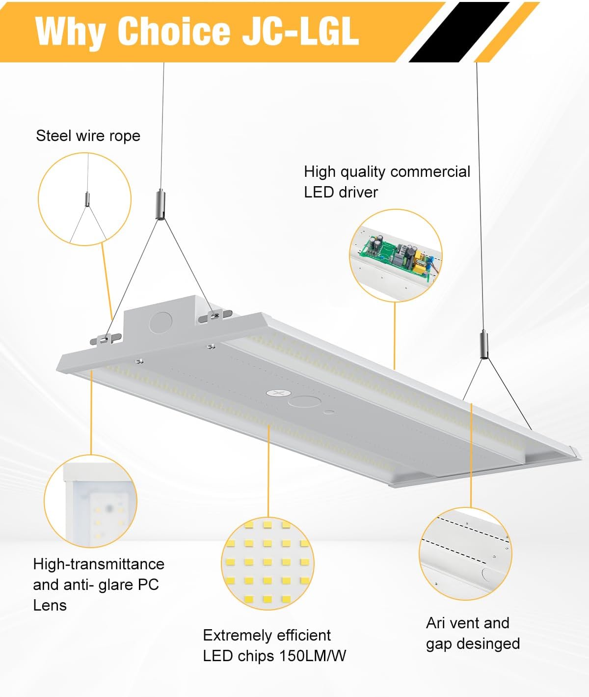LED Linear High Bay Light, 130W 19500LM High Bay LED Shop Lights, 120-277V, 5000K, 0-10V Dimmable LED Shop Light, Linear High Bay Light for Warehouse Workshops, UL Complied.