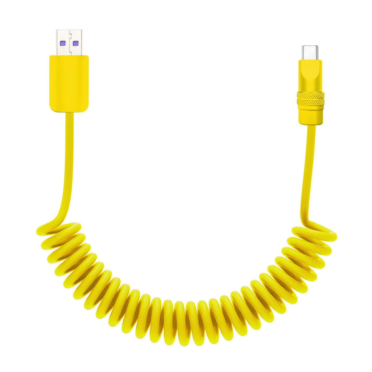 chubbycable Curly Chubby - Retractable Fast Charging Cable 240W Coiled Charger Cord for Car Durable USB-C Cable for Phones, Tablets and More, Yellow+Yellow, USB-A to Type-C, 1.3FT-2.3FT