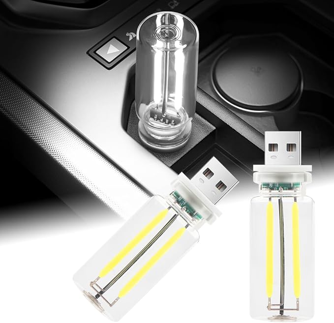 2Pcs Car USB Night Light, Touch Adjustment LED Ambient Lighting Plug in USB Automotive Night Lamps, Mini LED Bulb for Car, Camping, Holiday, Decoration, Bedroom, Party(White)