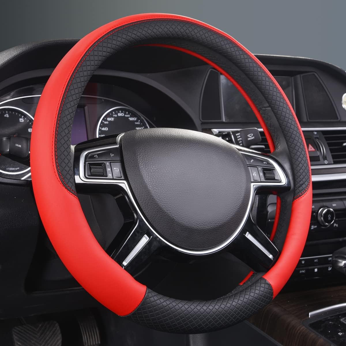 CAR PASS Rhombus Leather Universal Steering Wheel Cover, Fit for Suvs,Trucks,Cars,Sedans,Vans (Black&Red)