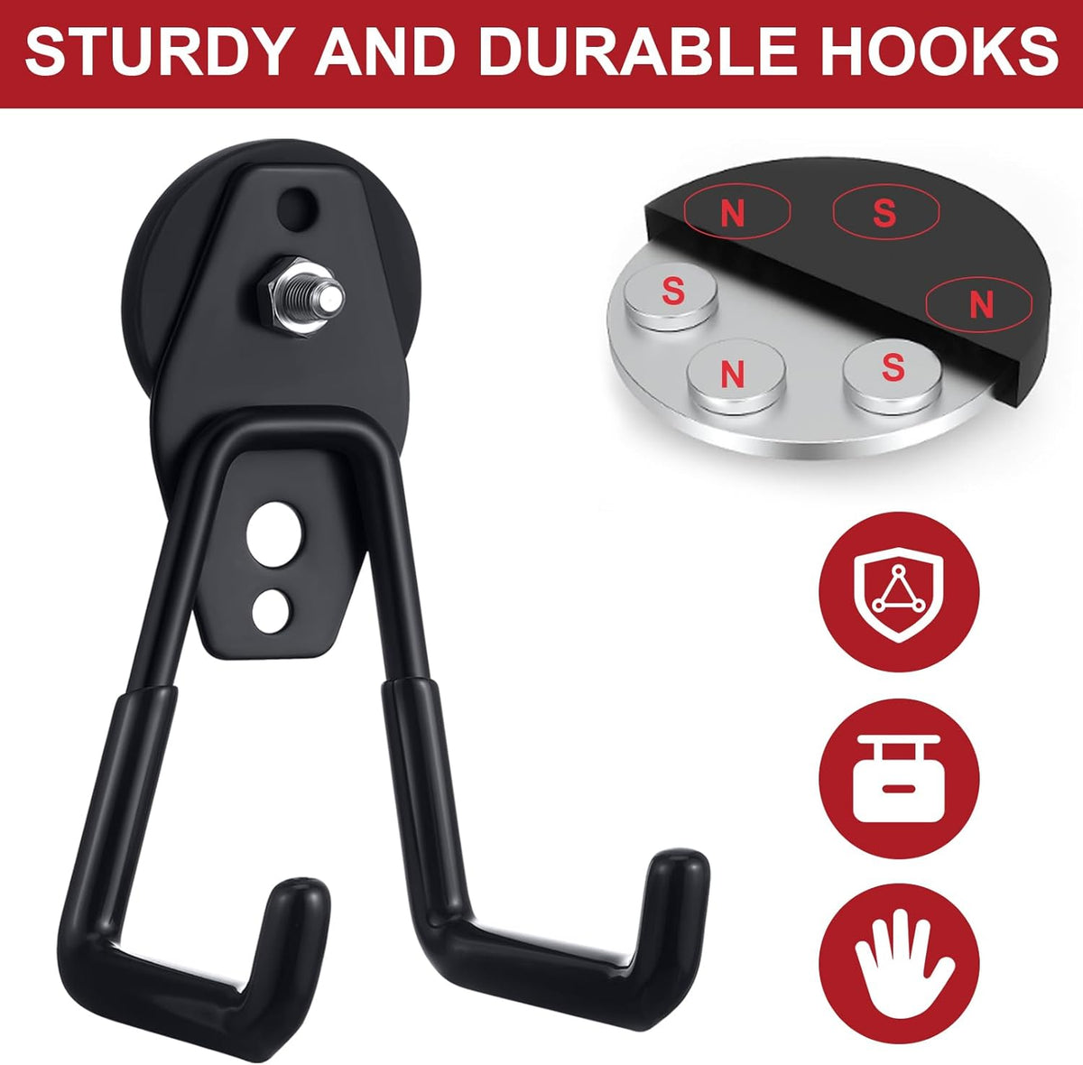 Landhoow Large Magnetic Hooks Heavy Duty Garage Magnet Hooks Strong Storage Utility Magnetic Hangers with Anti Slip Rubber Coating for Indoor and Outdoor Hanging(Black,6 Pcs)