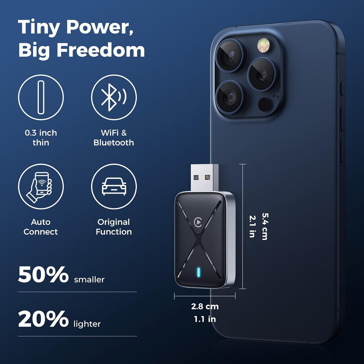 Wireless CarPlay Adapter for iPhone, Mini Size for Apple CarPlay Adapter, Convert Wired to Wireless with Extension Cable USB & USB-C/Type-C, Stable Control & No Delay, Black