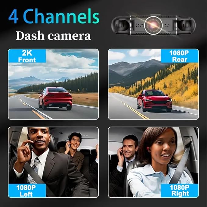 4 Channel Dash Cam Front and Rear Inside Back 360° FHD 2K Dash Camera for Cars, WiFi, GPS, G-Sensor, WDR 24/7 Parking Mode, 170° Wide Angle, Loop Recording, Night Vision, APP, with 64GB Card