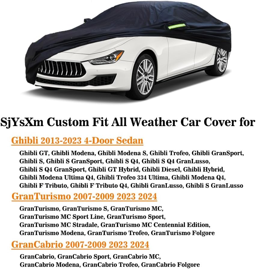 Custom Car Cover Compatible with Maserati Ghibli 2013-2025/ GranTurismo GranCabrio, Waterproof Rain Snow Sun UV Cover with Cotton Lining, All Weather Outdoor Car Cover with Windproof Straps