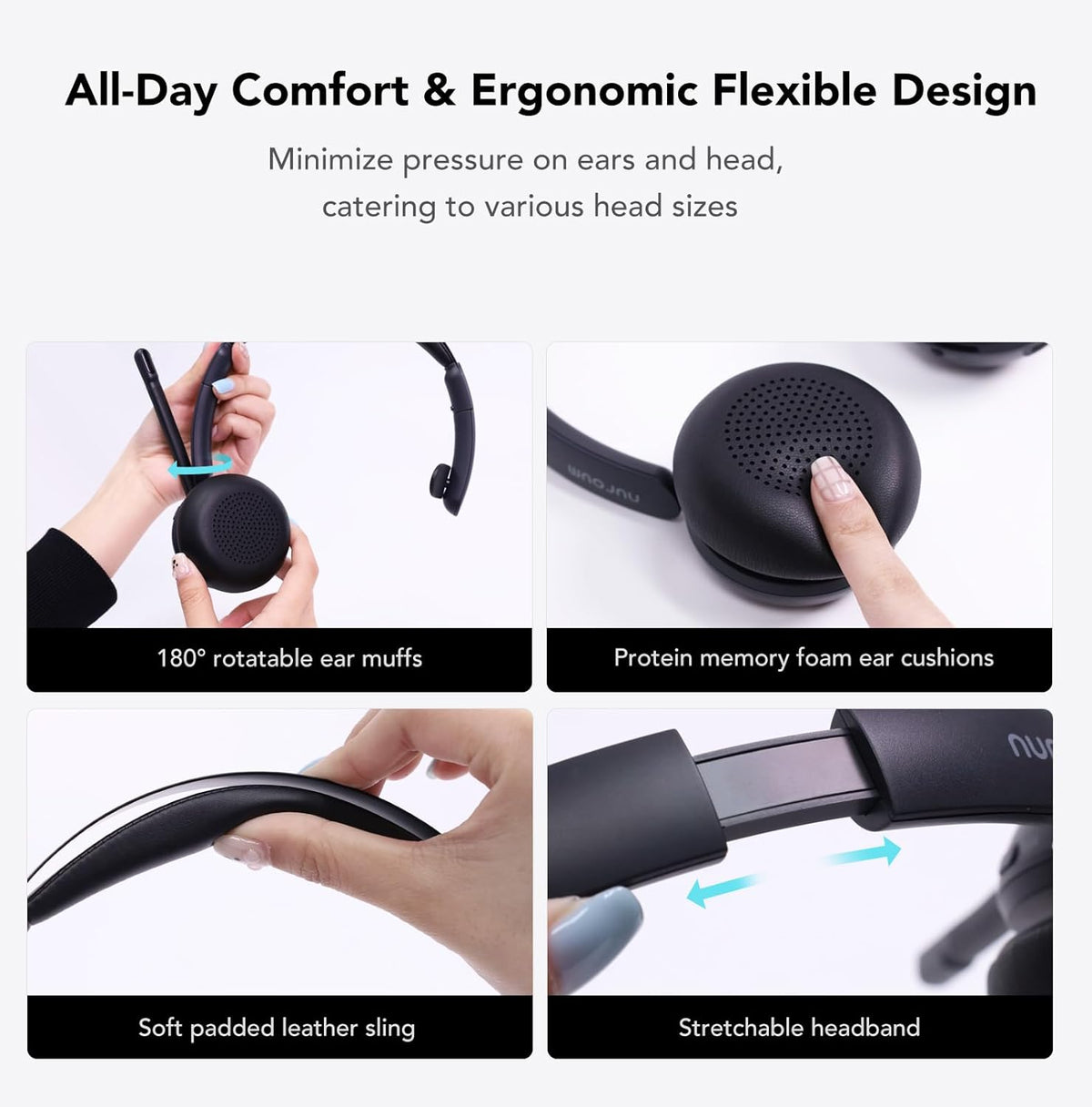 NUROUM Wireless Headset with Mic for Work, Trucker Bluetooth Headset with Noise Cancelling Microphones, Single Ear, Multi-Point/Mute, 45H Playback for Call Center/Work from Home/Office HP31SN