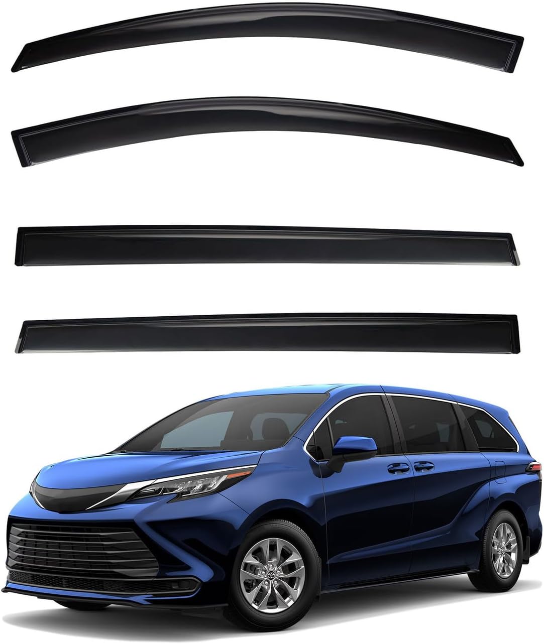 4pcs Front+Rear Smoke Tint Sun/Rain Guard Outside Mount Tape-On Vent Window Visors Compatible with 2021-2024 Toyota Sienna